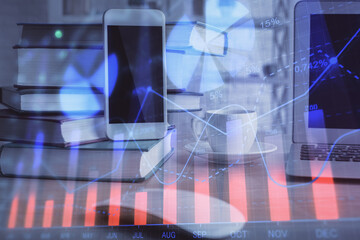 Double exposure of financial graph drawing and cell phone background. Concept of forex trading
