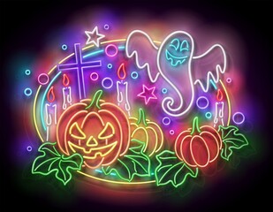 Glow Halloween Greeting Card with Witch Pumpkin, Crosses, Candles and Ghost. Postcard Holiday Template. Shiny Neon Light Poster, Banner, Invitation. Glossy Background. Vector 3d Illustration