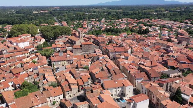 Aerial view of commune Millas in Pyrenees-Orientales, southern France. High quality 4k footage