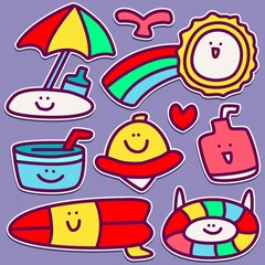 kawaii doodle cartoon summer designs for wallpaper, stickers, coloring books, pins, emblems, logos and more