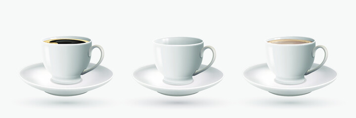 White cups of coffee. 3d realistic vector isolated. Side view, cappuccino, americano, espresso, mocha, latte, cocoa, empty mug