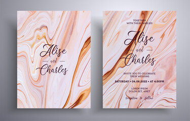 Modern collection of wedding invitations with stone pattern. Agate vector covers with marble effect and place for text, brown, yellow and white colors. Designed for greeting cards, brochures and etc