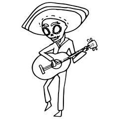Mexican guitar player on white isolated backdrop. Santa muerte symbol for invitation or gift card, notebook, bath tile, scrapbook. Phone case or cloth print art. Doodle style stock vector illustration