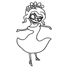 Outline woman dancing on white isolated backdrop. Santa muerte girl for invitation or gift card, notebook, bath tile, scrapbook. Phone case or cloth print art. Doodle style stock vector illustration