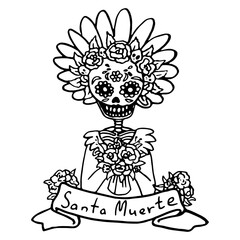 Calavera woman skeleton on white isolated backdrop. Santa muerte text for invitation or gift card, notebook, bath tile, scrapbook. Phone case or cloth print art. Doodle style stock vector illustration