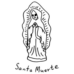 Dead woman statue on white isolated backdrop. Santa muerte statuette for invitation or gift card, notebook, bath tile, scrapbook. Phone case or cloth print art. Doodle style stock vector illustration
