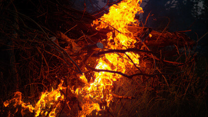 CLOSE UP: Orange flames burn through a stack of firewood in someone's backyard.
