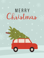 Merry christmas and happy new year time cartoon illustration. Vintage greeting card with red car and xmas tree and caption on background with snowflakes. Postcard for winter holidays. Vector.