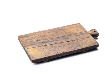 old rustic cutting board isolated on a white background. backdrop element for food design
