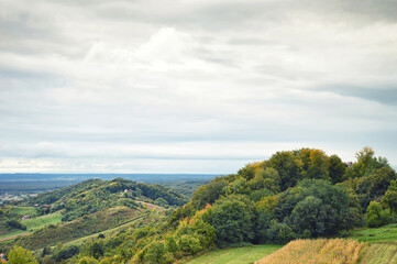Fototapeta na wymiar Landscape with green hills and blue sky
