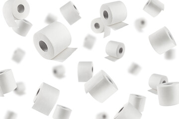 Falling Toilet paper isolated on white background, selective focus