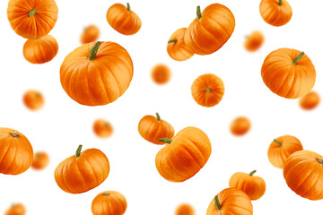 Falling Pumpkin isolated on white background, selective focus