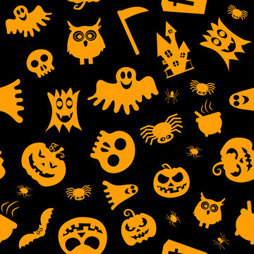 Seamless vector pattern for Halloween design. Halloween symbols: ghost, spider, pumpkin in cartoon style. Vector Illustration