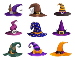 Witch hats vector icons, cartoon wizard headwear, traditional magician caps decorated with spider web, furthers, stripes or stars for sorceress or astrologer. Halloween party costume hats isolated set