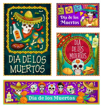 Dia de los Muertos skulls and Catrina with sombreros and marigold flowers vector design. Mexican Day of the Dead sugar skulls, maracas and tequila, skeleton bones, flags, sweet bread and cactuses