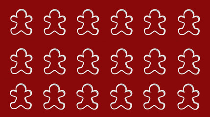 Gingerbread man cookie cutter repeated pattern on red background. Christmas baking concept