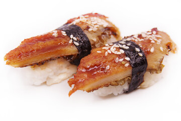Two unagi nigiri on white background. Japanese sushi food. 