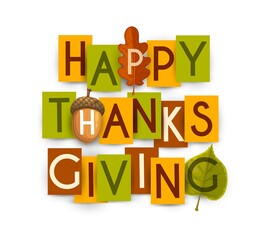 Happy Thanksgiving vector poster with autumn leaves of oak and birch, acorn. Thanks Giving day holiday greetings typography letters on colorful paper rectangular cards isolated on white background