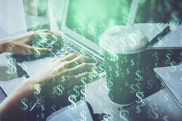 Double exposure of woman hands typing on computer and forex chart hologram drawing. Stock market invest concept.