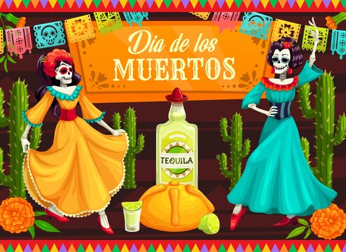 Mexican Day of the Dead dancing Catrina skeletons. Vector Dia de los Muertos skeleton dancers with calavera skulls, cactuses and marigold flowers, tequila, lime and bread, decorated with papel picado