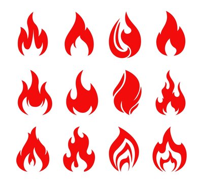 Red fire flame isolated vector icons set of hot flaming campfire, bonfire and fireplace, fireball and torch with curved fire tongues, blaze flames and bright burst. Flammable symbols or signs design