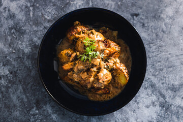 plant-based food, vegan potato bake with plant-based grilled protein