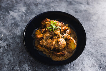 plant-based food, vegan potato bake with plant-based grilled protein