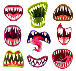 Halloween monster mouths, teeth and tongues cartoon vector set. Scary devil and vampire smiles, crazy horror faces of alien beasts and angry zombies with sharp fangs, saliva, lips and blood drops © Vector Tradition
