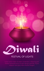 Indian diya lamp vector design of Diwali or Deepavali Hindu religion light festival. Oil lamp or candle lantern of pink clay with burning fire flame and gold sparkles, festive greeting card