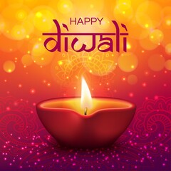 Diwali festival Indian holiday and Happy Deepavali, vector candle lantern with golden bokeh sparkles. Happy Diwali greeting card, mandala rangoli ornament and lantern lamp light, glowing background