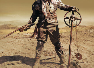 Photo of a post apocalyptic raider warrior in leather jacket with metal armor and shotgun weapon standing in wasteland with skull cross sign. - obrazy, fototapety, plakaty