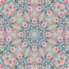 Naklejka premium Vibrant seamless ornament with geometric elements composition. Ethnic african motif. Canvas print. Small elements texture. Vector kaleidoscope pattern.