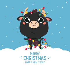 Cute cartoon bull.Happy new year cattle with a festive garland.Chinese new year 2021 symbol.Holiday animal for the design of calendars, cards, advertising.Vector illustration in flat style.