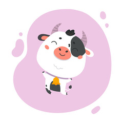 Cow cartoon. Cute farm milk animal character on lavander background. Vector funny mascot. Vector Illustration of farm cow for printing on products and packaging containing milk. 
