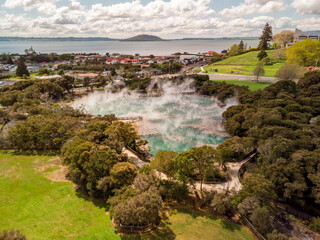 Aerial view of big hot spring located in Kuirau Park in the city of Rotorua, New Zealand....