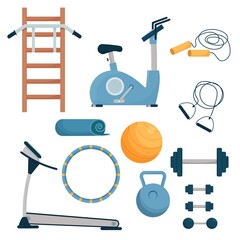 Set workout, training objects fitness ball, expander, skipping rope and hula hoop, bike, Swedish, dumbbell isolated on white background. Equipment for wellness and healthy lifestyle