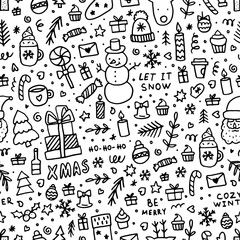 Doodle Christmas seamless pattern. Winter black line elements for greeting cards, posters, stickers and seasonal design.