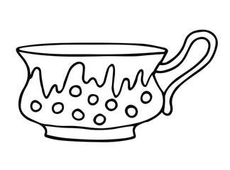 Hand drawn porcelain cup with pattern. Sketch drawing of ceramic mug. Doodle black on white vector illustration.