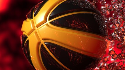 Black-Yellow Basketball with Diamond Particles under fire flare lighting. 3D illustration. 3D high quality rendering.