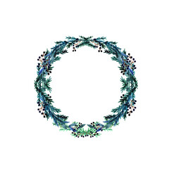 Christmas wreath with Christmas tree,  red winter berries. Winter wreath painted by watercolor. Hand painted holidays  with  flowers,leaves isolated on white background. 