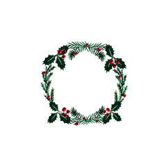 Christmas wreath with Christmas tree,  red winter berries. Winter wreath painted by watercolor. Hand painted holidays  with  flowers,leaves isolated on white background.