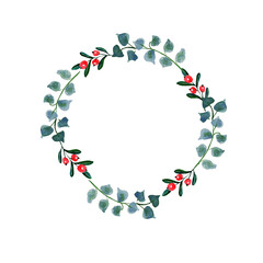 Christmas wreath with Christmas tree,  red winter berries. Winter wreath painted by watercolor. Hand painted holidays  with  flowers,leaves isolated on white background. 