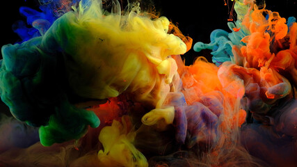 Color drops in water , abstract color mix , drop of Ink color mix paint falling on water Colorful ink in water,
