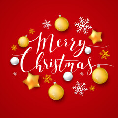 Christmas background with Shining gold Snowflakes. Lettering Merry Christmas card vector Illustration.