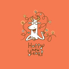 New Year card with cute cartoon bull with  garland. Chinese calendar symbol. Vector holiday poster. Funny animal. Contour  doodle colorful image.