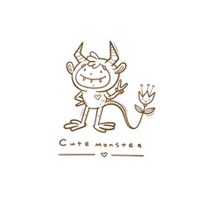 Doodle card with cute cartoon monster. Fabulous fictional character. Halloween poster. Vector contour colorful image.