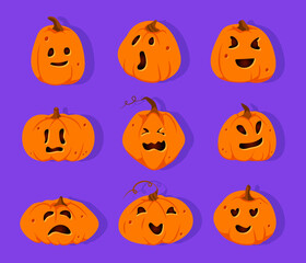 Set of Halloween pumpkins paper cut icons. Different shapes squash with carved cute faces emotion. Sign creepy funny cute cutting pumpkin smile. Decor for horror party invitation. Vector illustration
