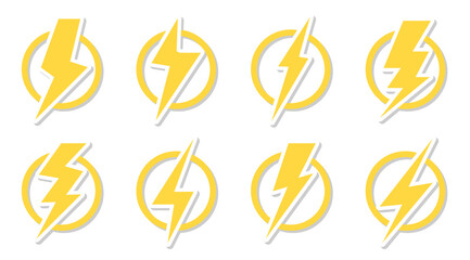 Yellow lightning bolt icon set. Electrical strike sign sticker in circle. Design logo voltage power and danger of electric shock. Symbol energy and thunder electricity. Isolated vector illustration
