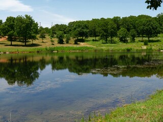 Obraz premium Reflections at a lake by the roadside at Chickasaw National Recreation Area in Davis, Oklahoma