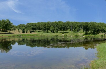 Wide view of a beautiful lake with reflections in the water at Chickasaw National Recreation Area in Davis, Oklahoma